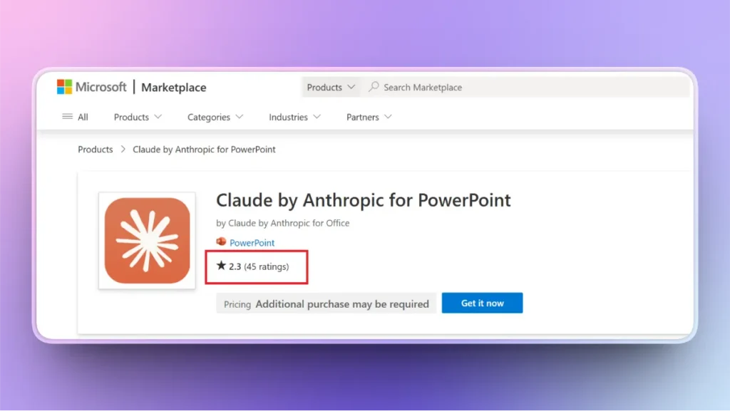Screenshot of Microsoft Marketplace showing Claude by Anthropic for PowerPoint with a 2.3-star rating from 45 reviews.