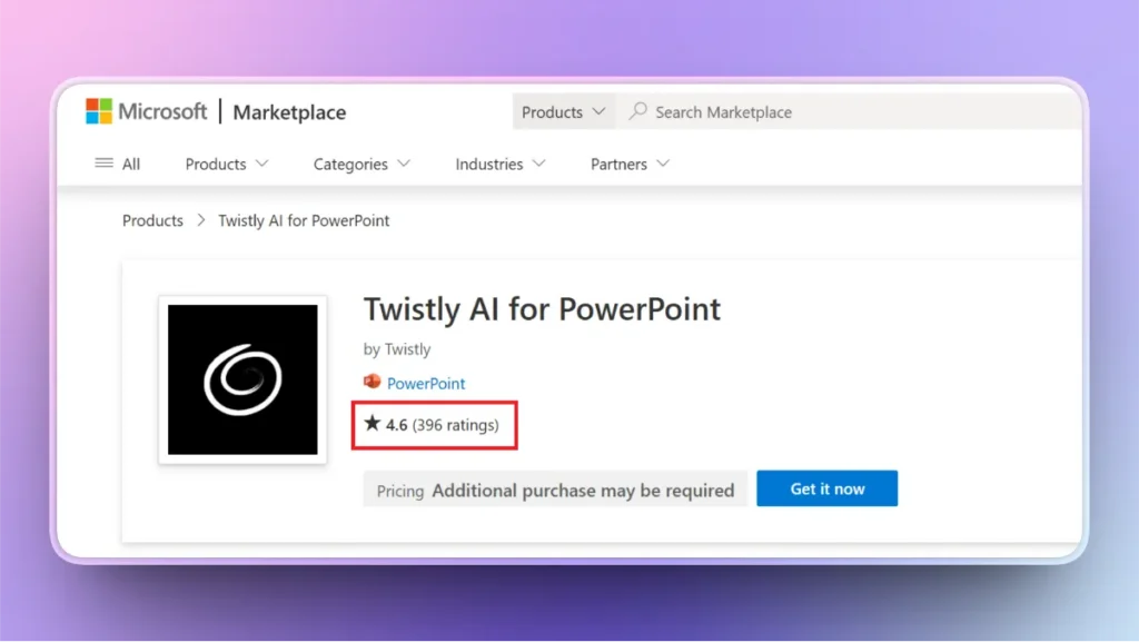 Screenshot of Microsoft Marketplace showing Twistly AI for PowerPoint with a 4.6-star rating from 396 reviews.