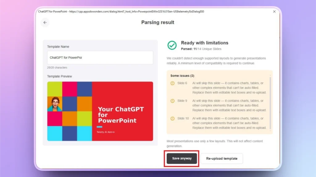Screenshot of a software interface showing ChatGPT for PowerPoint template parsing results.