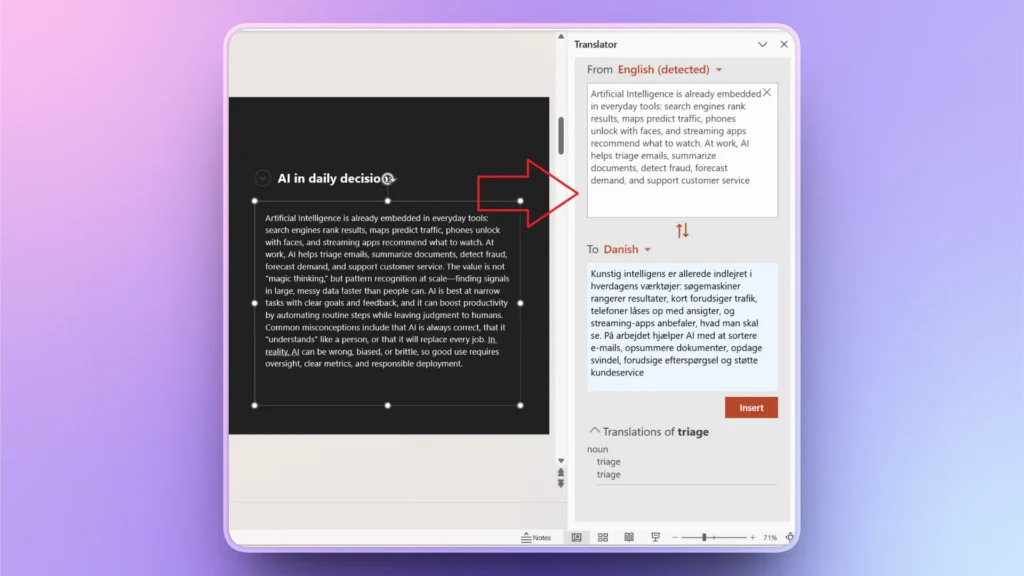 Screenshot of a translation interface showing English text about AI and its Danish translation.