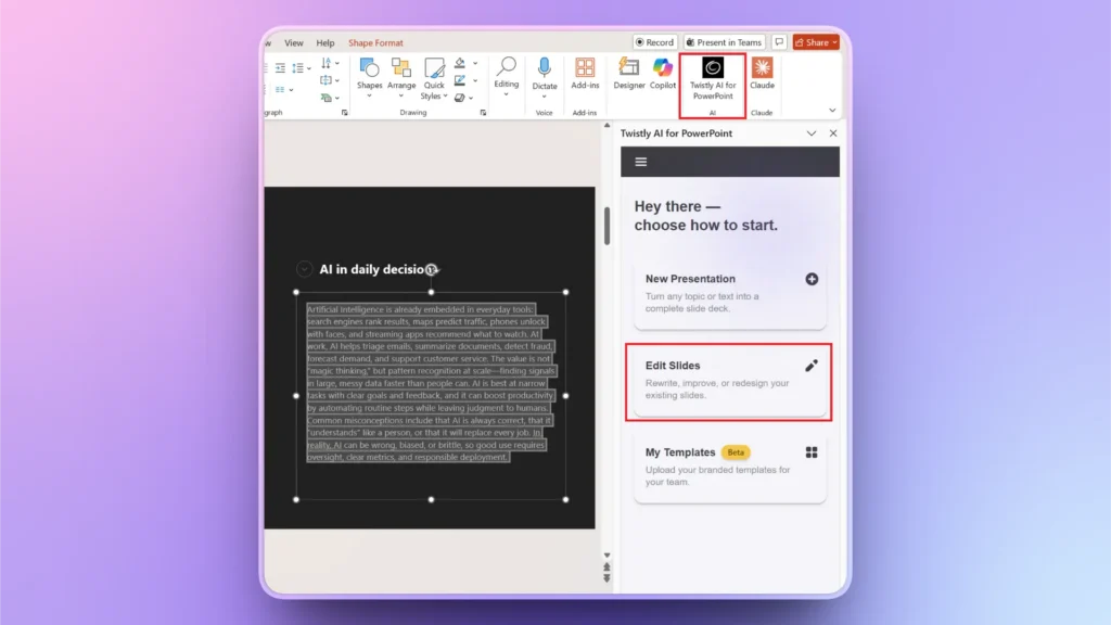 Screenshot of PowerPoint with Twistly AI add-in panel, highlighted "Edit Slides" option, dark slide content visible.