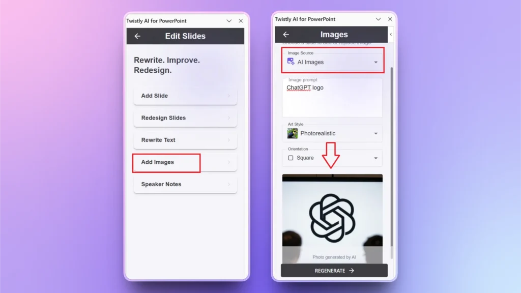 User interface of Twistly AI for PowerPoint showing options to edit slides and add AI-generated images, including a ChatGPT logo.