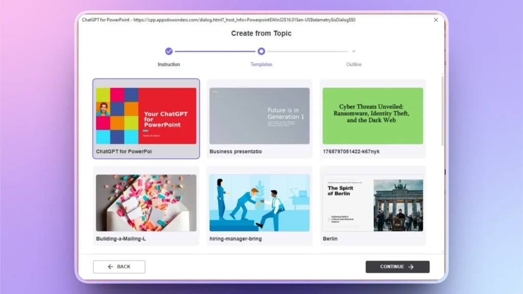 Screenshot of a presentation template selection screen with six colorful template thumbnails.