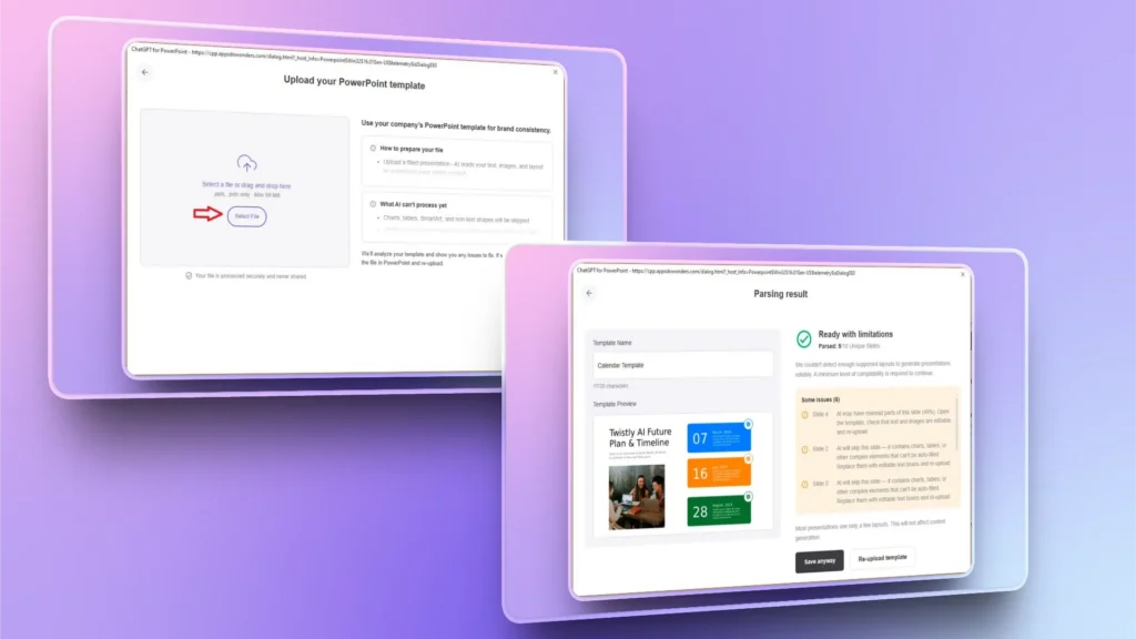 User interface of a software tool displaying PowerPoint template upload and parsing results.