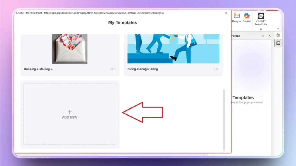 User interface of ChatGPT for PowerPoint showing "My Templates" section with two template thumbnails and an "Add New" option.