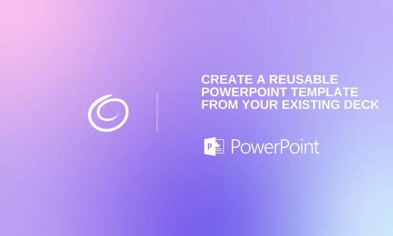 Gradient purple background with white swirl logo, PowerPoint icon, and text promoting reusable PowerPoint templates.