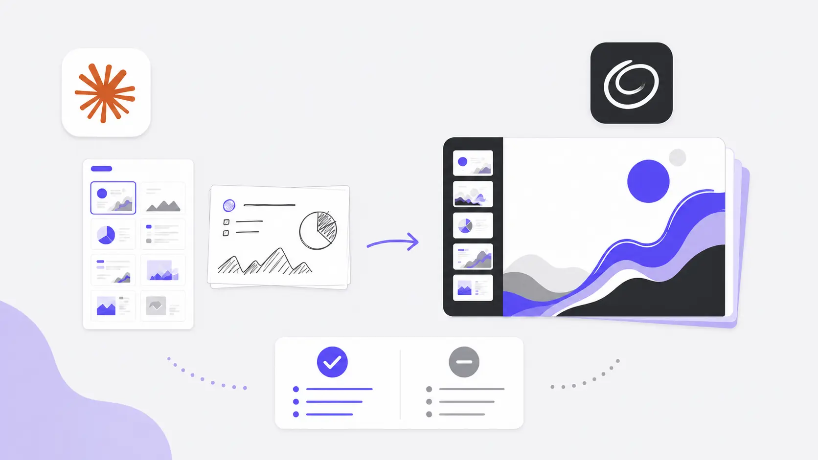 Illustration showing transformation from hand-drawn sketches to polished digital presentations with app logos.