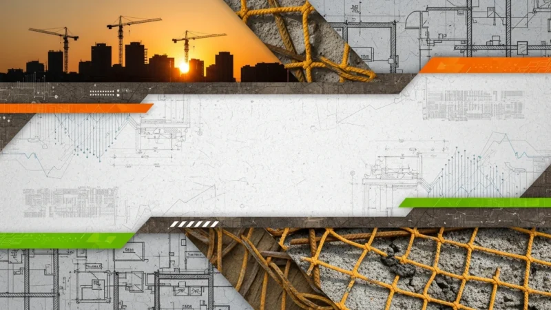 Abstract construction-themed collage with cranes, architectural blueprints, and safety netting.