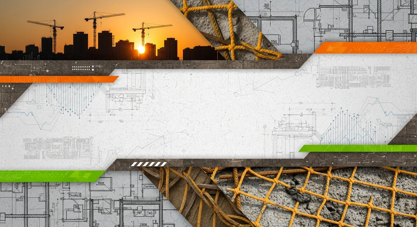 Abstract construction-themed collage with cranes, architectural blueprints, and safety netting.