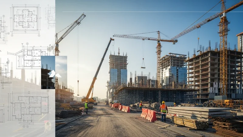 Construction site with cranes, workers in safety gear, and high-rise buildings under development, overlaid with architectural blueprints.