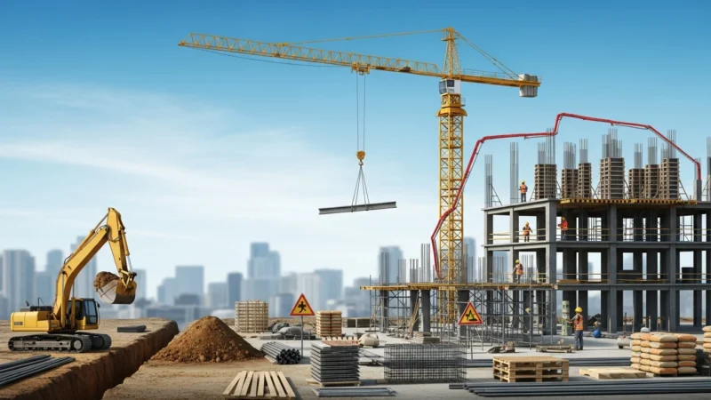 Construction site with yellow crane lifting steel beam, excavator, and workers on concrete building.