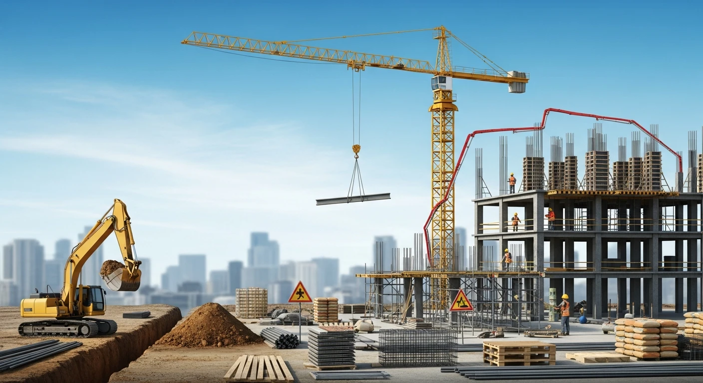 Construction site with yellow crane lifting steel beam, excavator, and workers on concrete building.