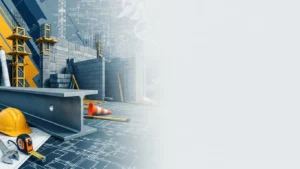 Construction site with steel beam, yellow hard hat, measuring tape, and architectural blueprints.