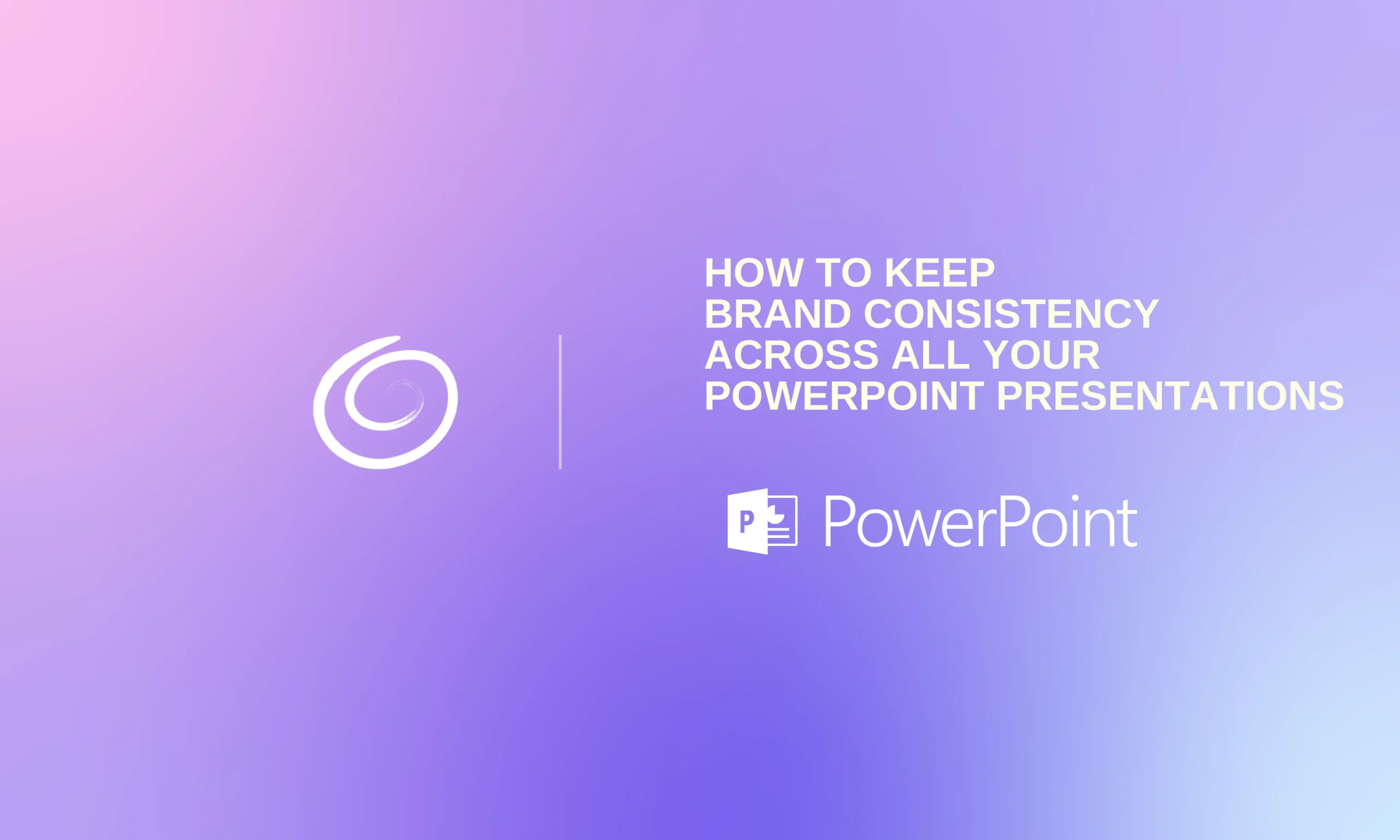 Gradient purple and pink background with white swirl logo and text on brand consistency in PowerPoint.