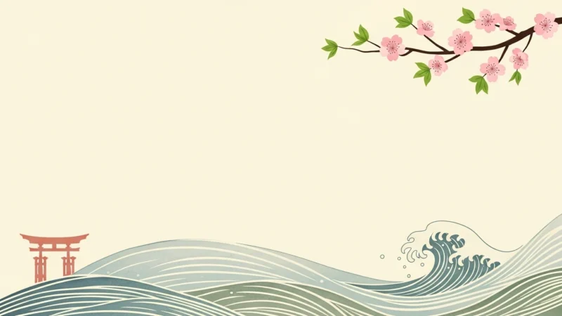 Minimalist Japanese-style illustration featuring blue ocean waves, a red torii gate, and pink cherry blossoms.