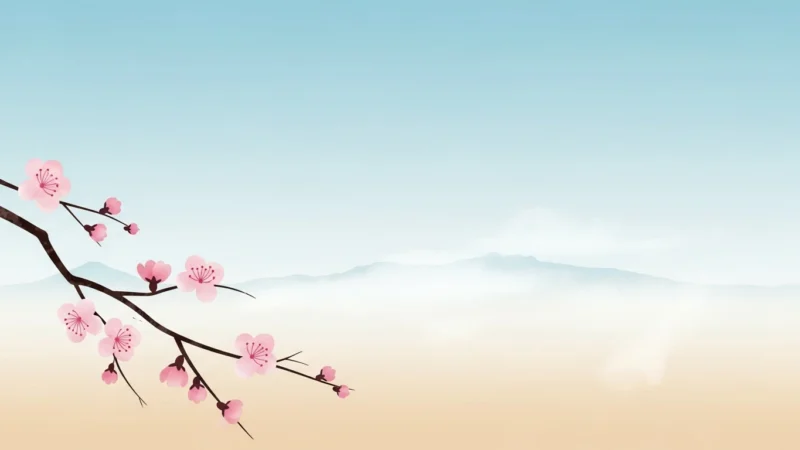 Delicate pink cherry blossoms on a branch with misty mountains and clear sky background.
