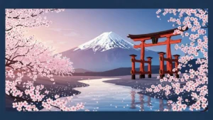 Illustration of Mount Fuji with cherry blossoms and a red torii gate by a river.