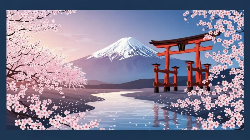 Illustration of Mount Fuji with cherry blossoms and a red torii gate by a river.