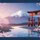Illustration of Mount Fuji with cherry blossoms and a red torii gate by a river.
