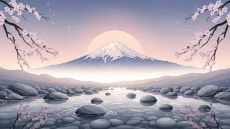 Serene landscape with a snow-capped mountain, river with stones, and cherry blossom branches.