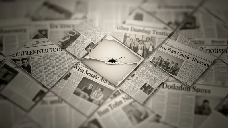 Close-up of overlapping vintage newspapers with black ink splatter on torn paper in center.