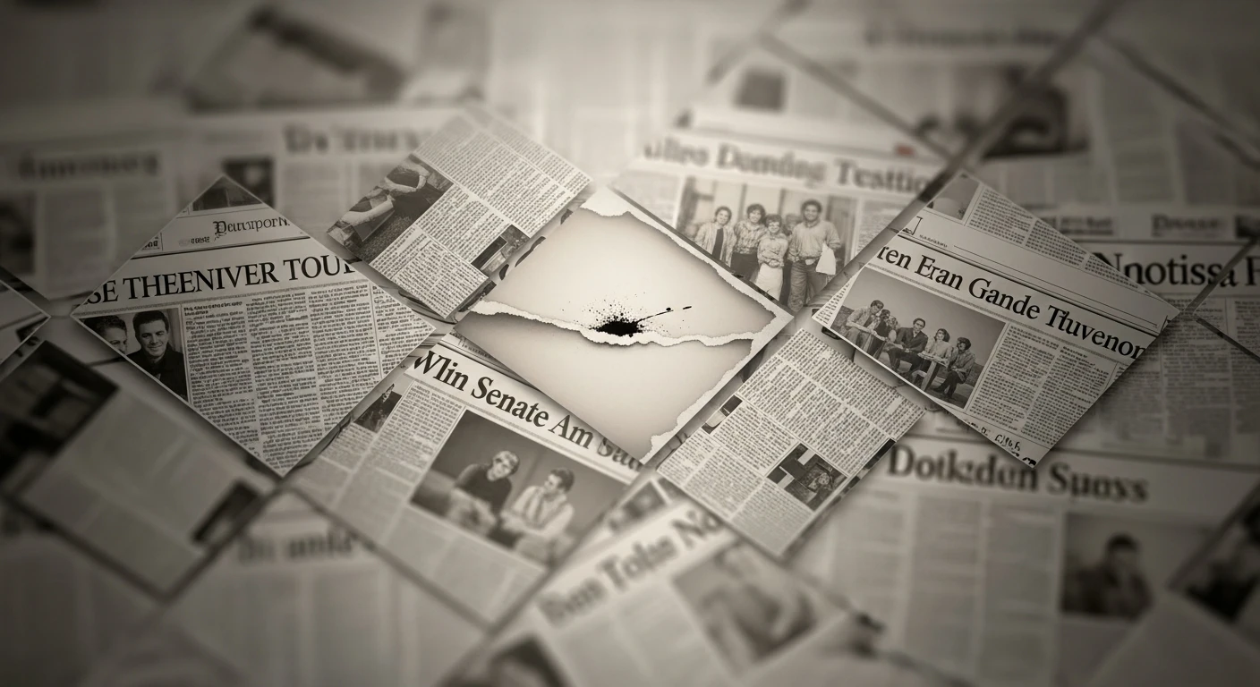 Close-up of overlapping vintage newspapers with black ink splatter on torn paper in center.