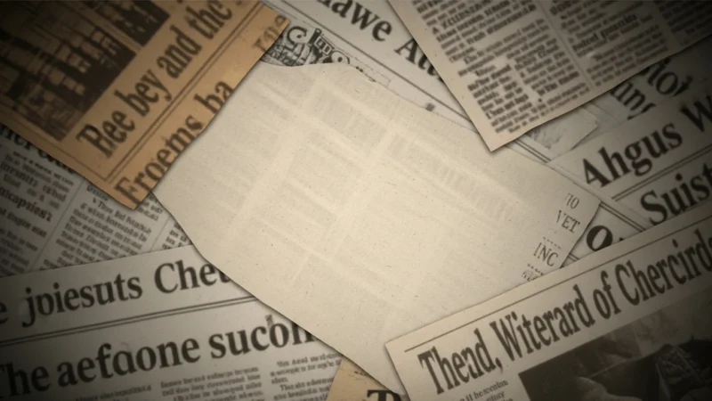 Close-up of overlapping vintage newspapers with partially visible text and yellowed paper.