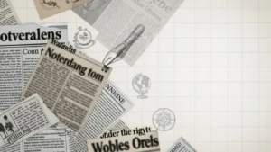 Scattered vintage-style newspapers with sketches of a fountain pen, globe, and compass on a grid background.