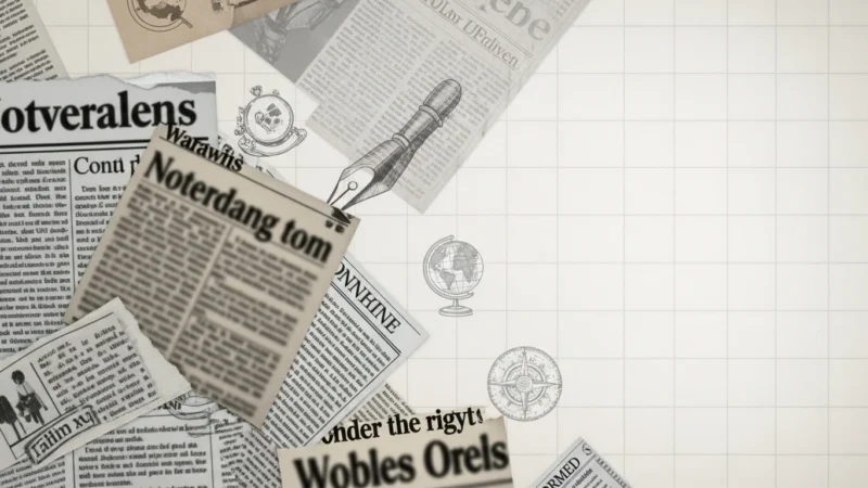 Scattered vintage-style newspapers with sketches of a fountain pen, globe, and compass on a grid background.