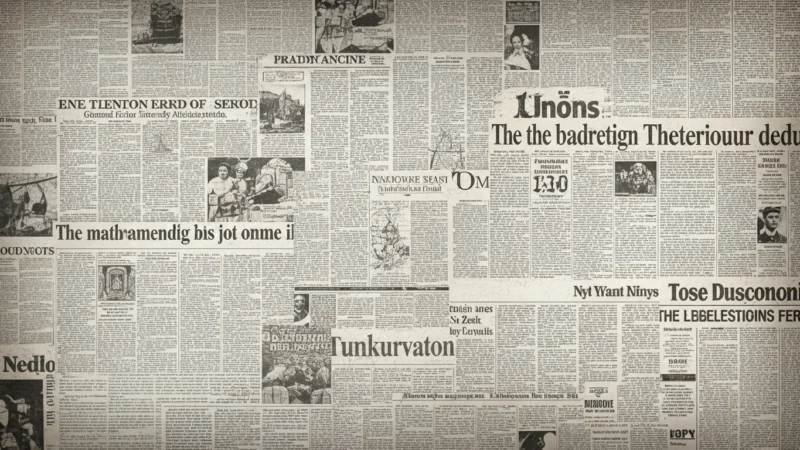 Black and white collage of vintage newspaper clippings with various headlines and photos.