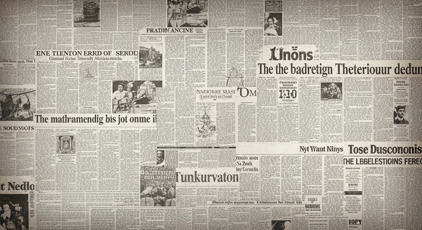 Black and white collage of vintage newspaper clippings with various headlines and photos.