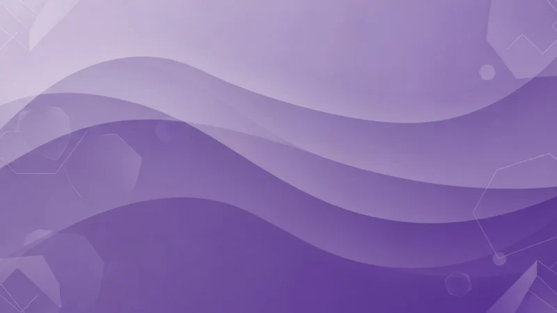 Abstract background with layered purple waves and transparent hexagonal shapes.