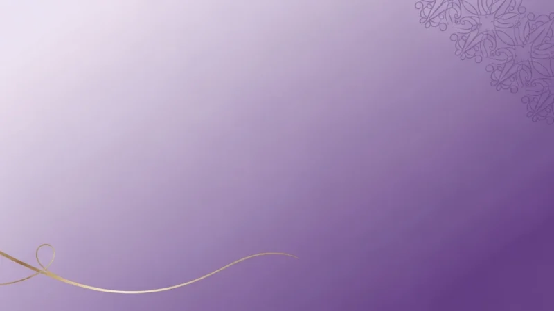 Gradient purple background with a gold curved line and floral pattern in the upper right corner.