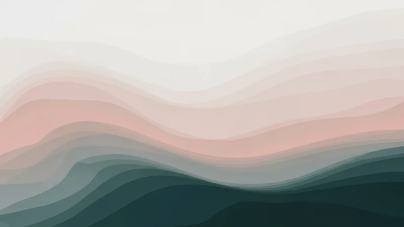 Abstract layered waves in muted pink, gray, and dark green tones on light background.