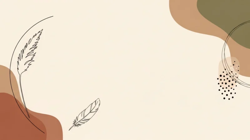 Abstract minimalist background with beige, brown, and olive shapes, black feather outlines, and dotted accents.