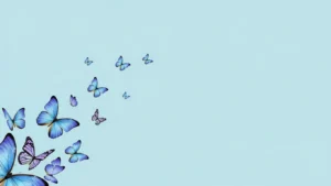A group of blue and purple butterflies flying diagonally on a light blue background.