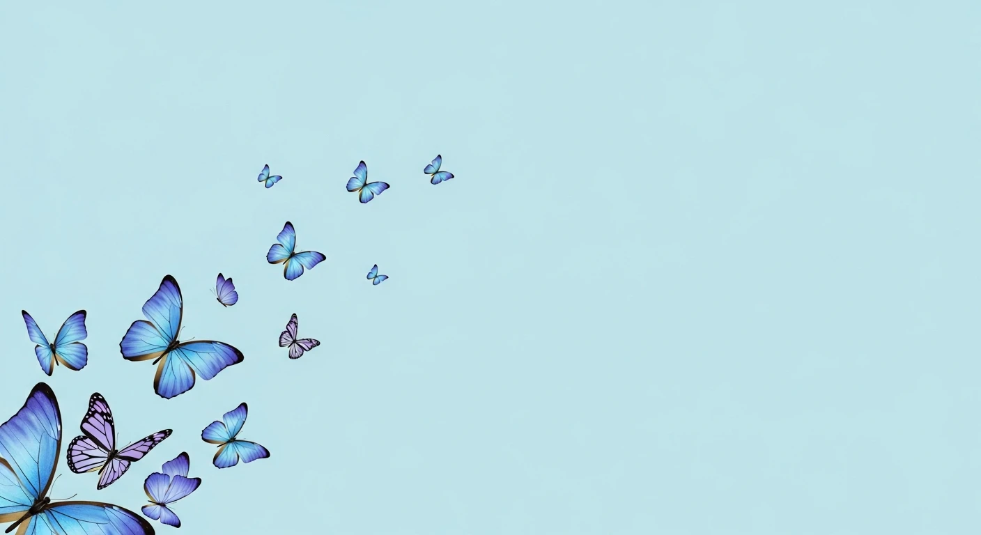 A group of blue and purple butterflies flying diagonally on a light blue background.