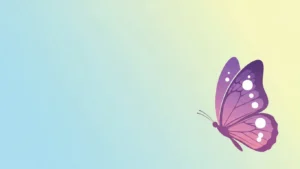 Illustration of a purple and pink butterfly with white spots on a blue to yellow gradient background.