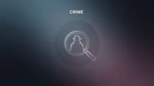 Neon magnifying glass highlighting silhouette of a detective with the word "CRIME" above.