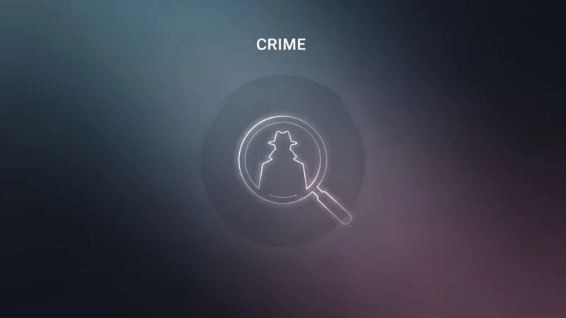 Neon magnifying glass highlighting silhouette of a detective with the word "CRIME" above.