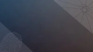 Dark gradient background with a fingerprint pattern on the bottom left and a spider web on the top right.