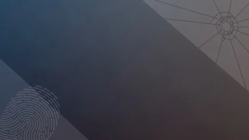 Dark gradient background with a fingerprint pattern on the bottom left and a spider web on the top right.