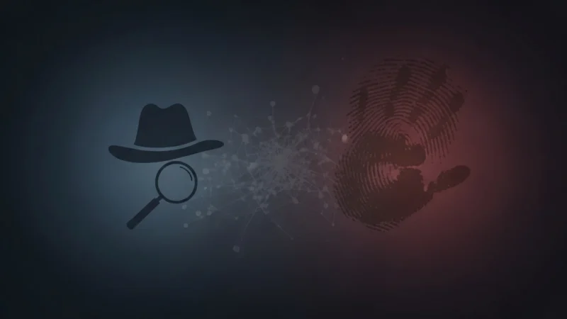 Silhouettes of a detective hat, magnifying glass, interconnected nodes, and a red fingerprint on dark background.