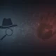 Silhouettes of a detective hat, magnifying glass, interconnected nodes, and a red fingerprint on dark background.