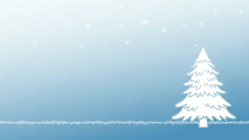 Minimalist winter scene with white stylized Christmas tree and falling snowflakes on blue background.