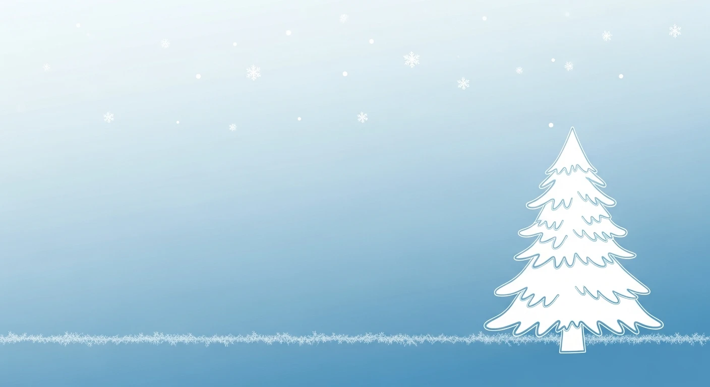 Minimalist winter scene with white stylized Christmas tree and falling snowflakes on blue background.