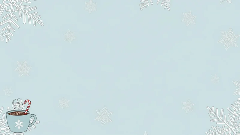 Light blue background with white snowflakes, a steaming cup of hot chocolate, and a candy cane.