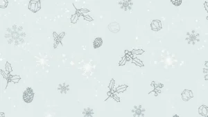 Light blue background with black and white line drawings of holly, pinecones, snowflakes, and geometric shapes.