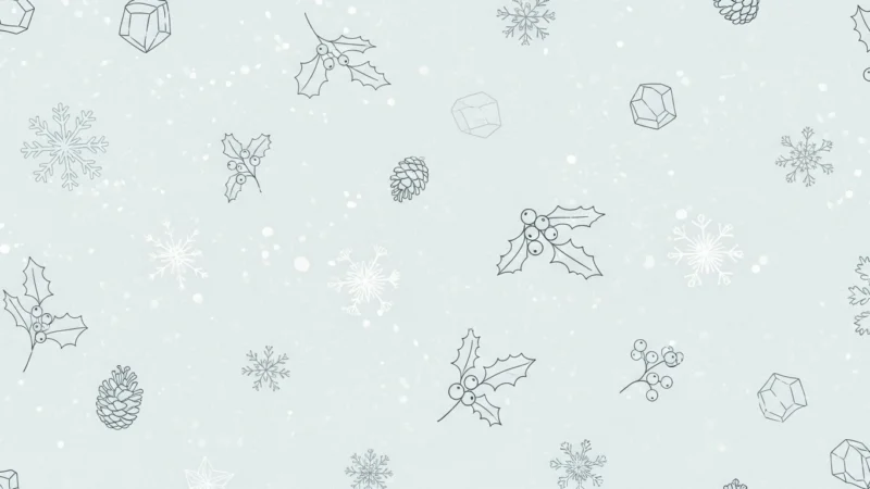 Light blue background with black and white line drawings of holly, pinecones, snowflakes, and geometric shapes.