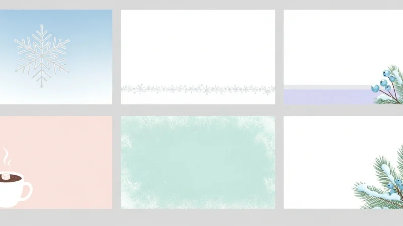 Winter-themed digital cards with snowflakes, hot cocoa, and pine branches with blue berries.